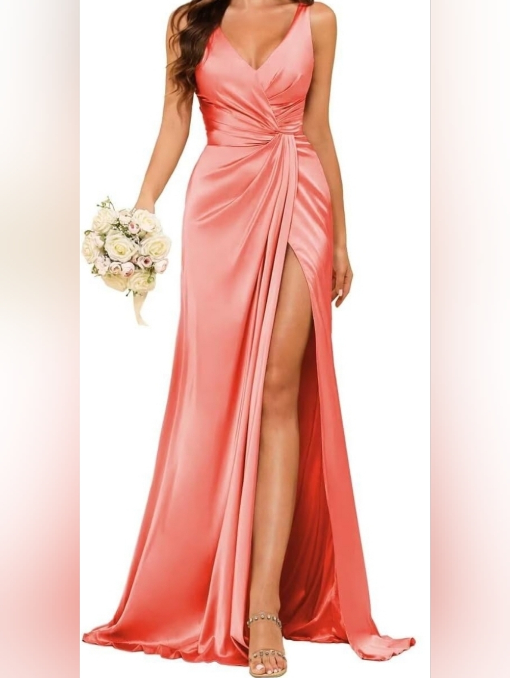 NWT WEAR YOUR LOVE Coral Satin Corseted Formal Gown High Slit Size 22